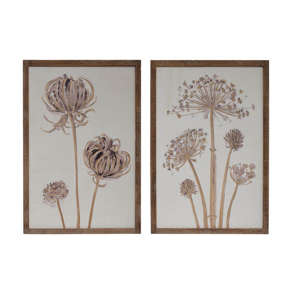 Cream Engraved Wood Flower Wall Art Set with Natural Frame
