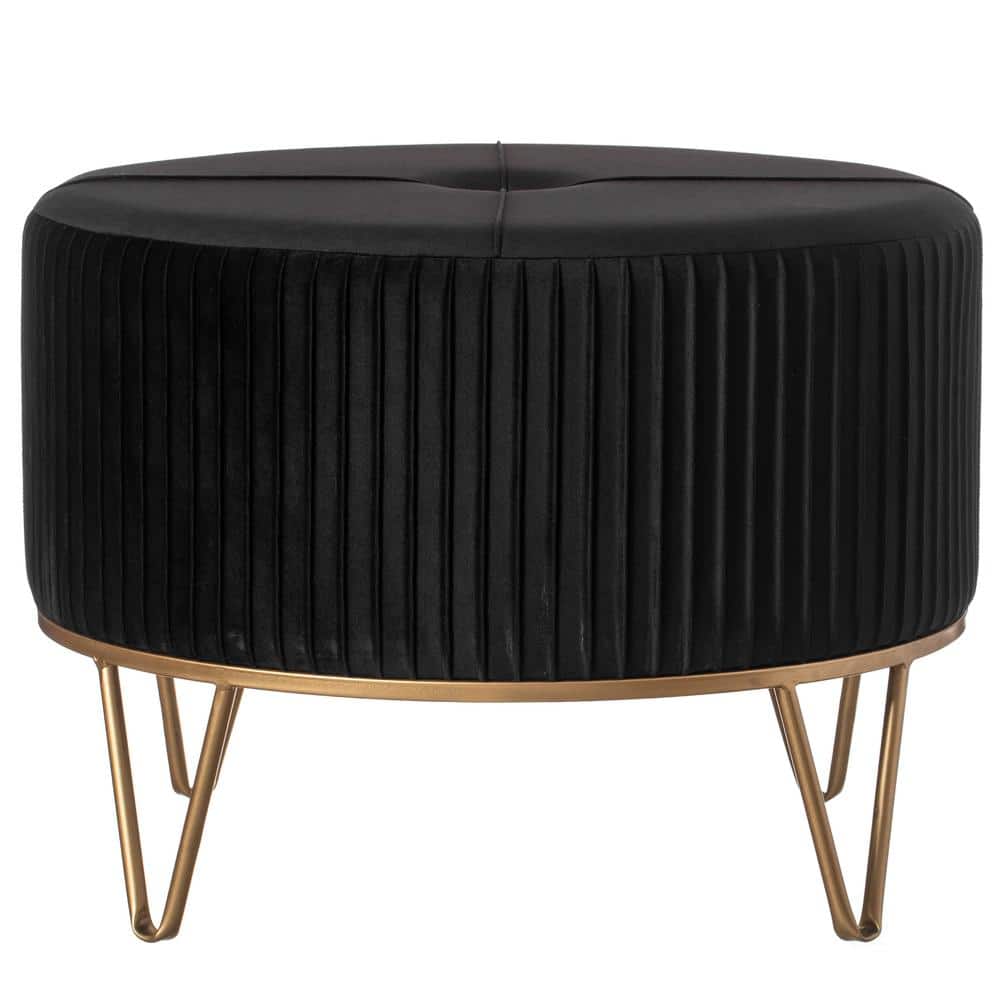 Large Round Black Velvet Ottoman with Gold Hairpin Legs