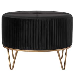 Black, Large Round Velvet Ottoman Stool Raised with Hairpin Gold Base Papasan Chair