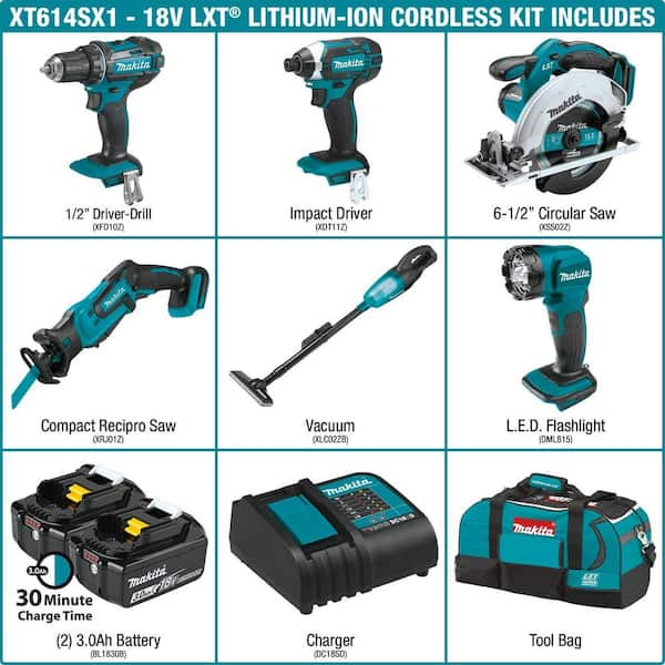 18V Lithium-Ion Cordless 6-Piece Kit (Drill-Driver/ Impact Driver/ Circular Saw/ Recipro Saw/ Vacuum/ Light) 3.0Ah