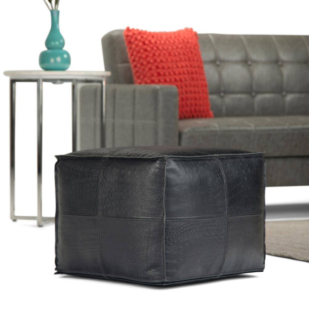 Bohemian Black Genuine Leather Square Pouf Ottoman