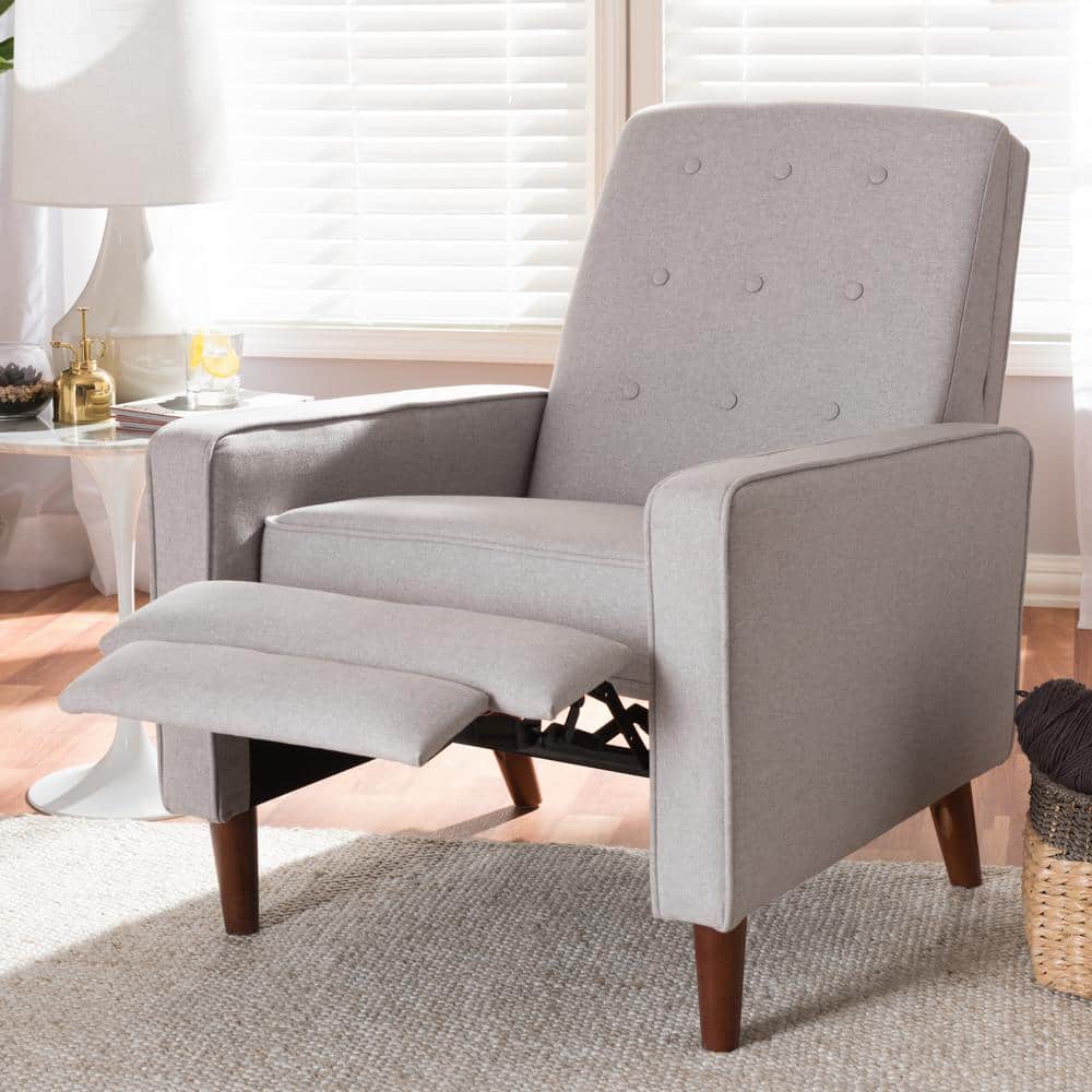 Light Grey Fabric and Walnut Wood Mid-Century Recliner