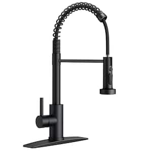 Single Handle Spring Gooseneck Pull Down Sprayer Kitchen Faucet with Soap Dispenser 360° Swivel Spout in Matte Black