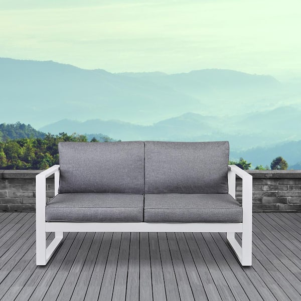 Baltic White Powder Coated Aluminum Outdoor Loveseat with Gray Cushions