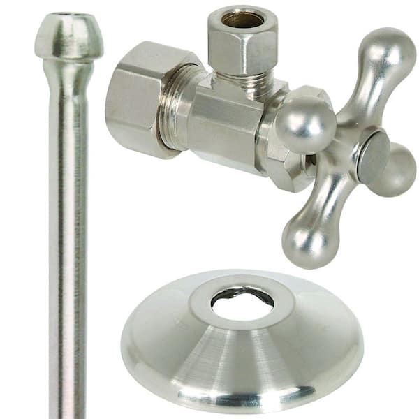 BrassCraft Faucet Kit: 1/2 in. Comp x 3/8 in. Comp 1/4-Turn Angle Ball Valve with 20 in. Riser and Flange in Satin Nickel