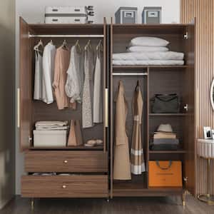 Brown Wood Grain MDF Wood Board 63 in. Width Armoire Wardrobe with Mirrored Door, Hanging, Shelves and Drawers