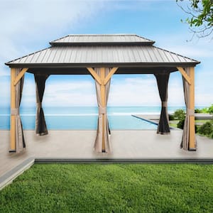 12 ft. x 20 ft. Outdoor Brown Cedar Wood Hardtop Gazebo with Galvanized Steel Double Roof with Curtains and Netting