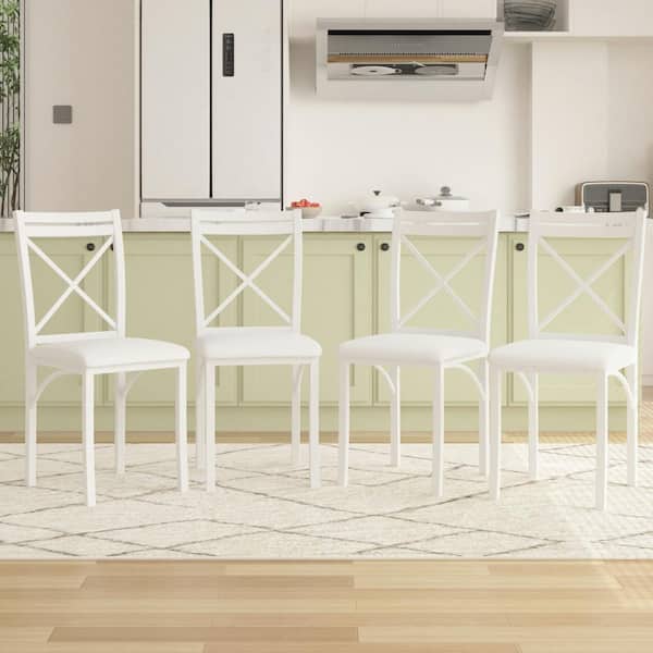 VECELO Dining Chairs (Set of 4) w/Steel Legs, Ergonomic Back and PU Leather Cushioned Seats for Kitchen and Living Room, White