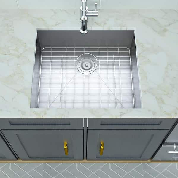 25 in. Undermount Single Bowl 16 Gauge Brushed Nickel Stainless Steel Kitchen Sink with Bottom Grids