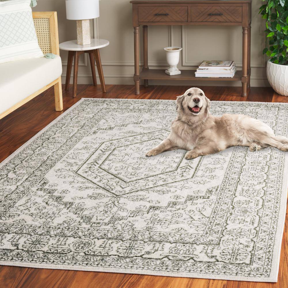 Ivory and Dark Green Synthetic Square Area Rug, 8' x 10'