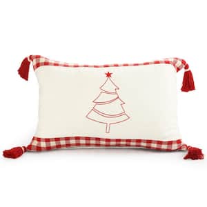 Buffalo White / Red 16 in. x 24 in. Plaid Bordered Christmas Tree Lumbar Indoor  Throw Pillow