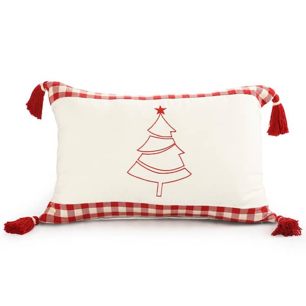 LR Home Buffalo White / Red 16 in. x 24 in. Plaid Bordered Christmas Tree Lumbar Indoor  Throw Pillow