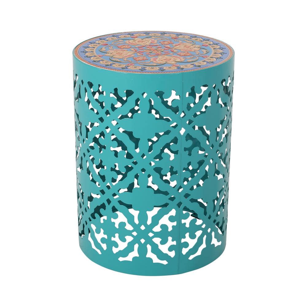 Elegant Multicolor Marble & Metal Round End Table with Lace Cut Design