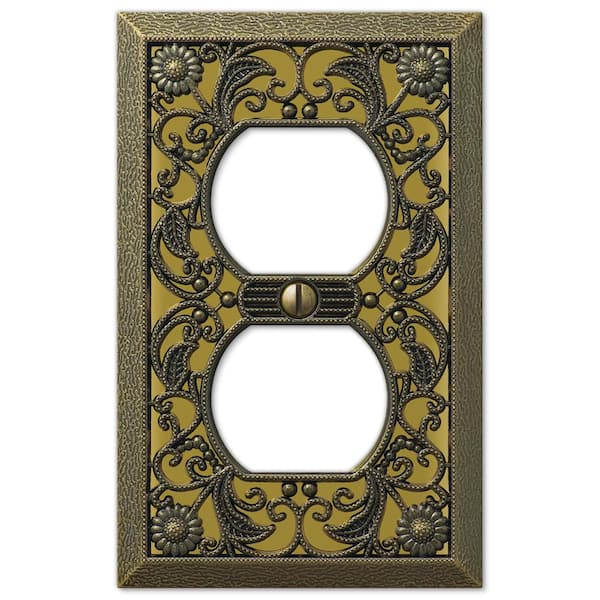 Filigree 1 Gang Duplex Metal Wall Plate - Antique Brass