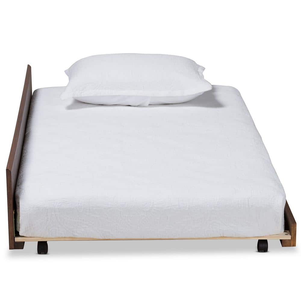 Walnut Twin Wood Trundle Bed with Wheels