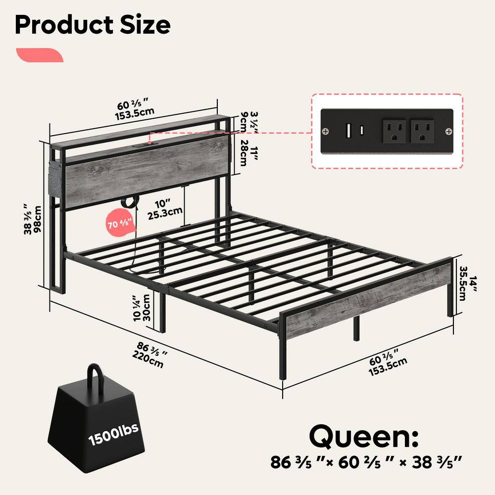 Bestier Queen Size Metal Frame Bed with LED Headboard and Storage