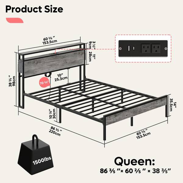Bestier Gray Metal Frame Queen Size Platform Bed with