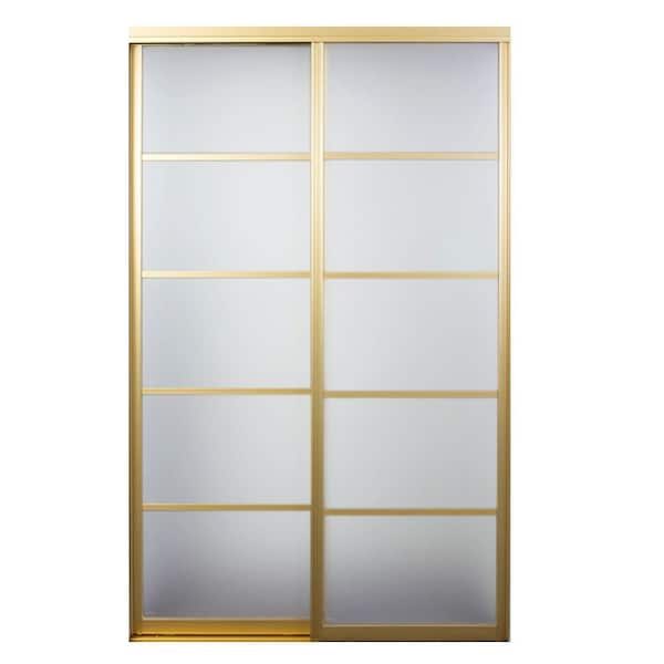 Contractors Wardrobe 84 in. x 81 in. Silhouette 5 Lite Satin Gold Aluminum Frame Mystique Glass Interior Sliding Closet Door