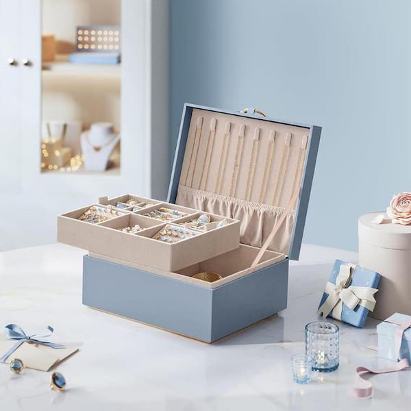 Misty Blue 9.5 in. x 4.3 in. Wood Modern Jewelry Box with