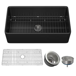 33 in. Farmhouse/Apron Front Single Bowl Fireclay Kitchen Sink with Bottom Grid and Kitchen Sink Drain