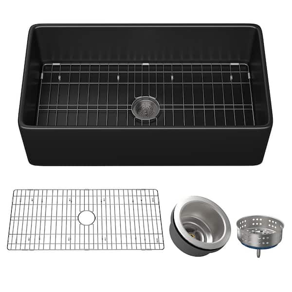 Bnuina 33 in. Farmhouse/Apron Front Single Bowl Fireclay Kitchen Sink with Bottom Grid and Kitchen Sink Drain