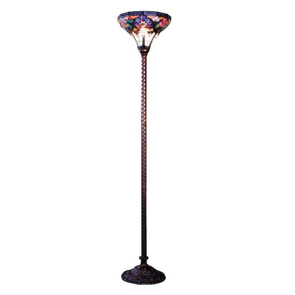 Chloe Lighting Tiffany-Style Roses 14 in. Satin Nickel Torchiere Floor Lamp with Shade