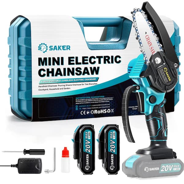 Saker 20V 4 in. Cordless Mini Chainsaw Including 2 Batteries