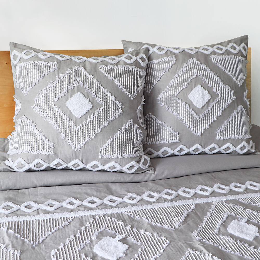 Harleson Gray and White Embroidered Cotton Euro Sham