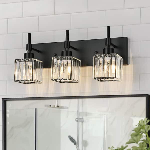 EDISLIVE Orillia 19.3 in. 3-Light Black Crystal Bathroom Vanity Light with Shades for Bathroom Powder Room Kitchen