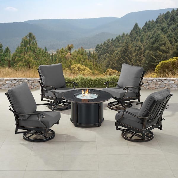 Oakland Living Black 5-Piece Aluminum Patio Fire Table Set with Black Cushions