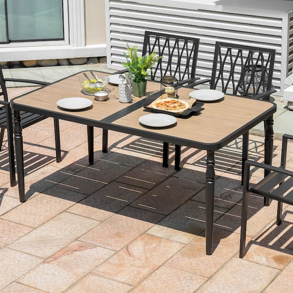 Nuu Garden Black Rectangle Metal Outdoor Dining Table with Wood