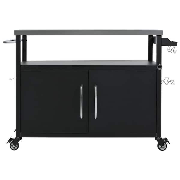 55 in Outdoor Kitchen Island, Serving Cart, Bar Cart with Stainless Steel Tabletop Storage Cabinet Lockable Wheels Black