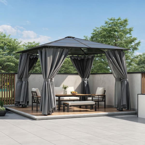 Huluwat 10 ft. x 10 ft. Gray Aluminum Frame Patio Gazebo Canopy with Polycarbonate Roof, Mosquito Netting and Privacy Screens