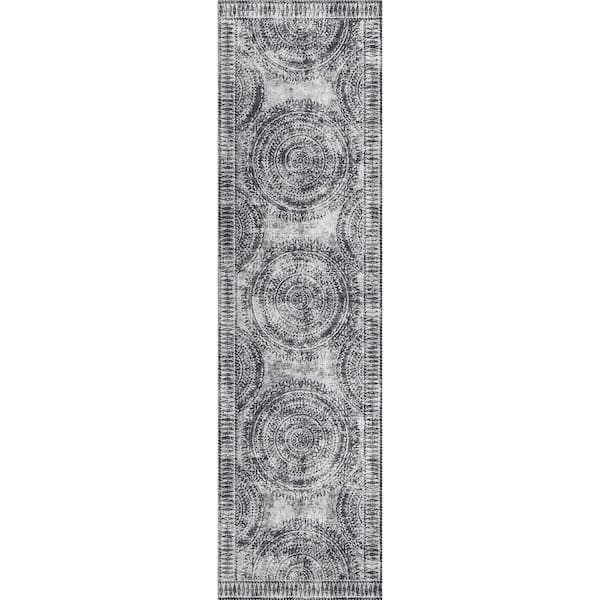 Addison Rugs Yuma Grey 2 ft. 3 in. x 7 ft. 6 in. Geometric Indoor/Outdoor Washable Area Rug