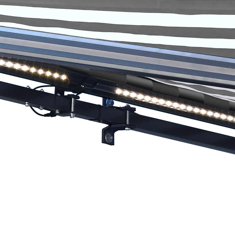Striped Gray and White Motorized Patio Awning with LED Lights