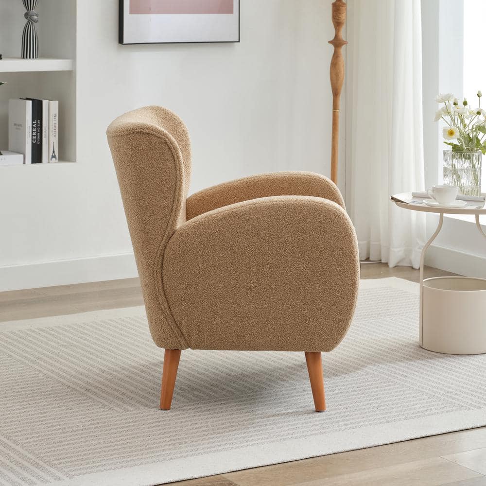 Camel Boucle Upholstered Barrel Accent Chair with Wood Legs