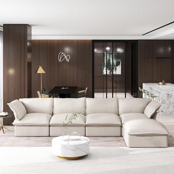 J&E Home 162.98 in Wide Flared Arm 5-Piece Linen L Shaped Sectional Sofa in Beige with Storage Ottoman