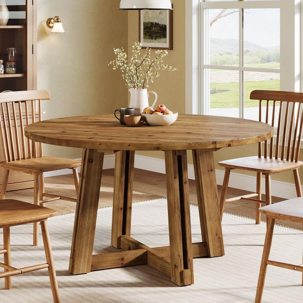 Halseey 47 in. Farmhouse Brown Solid Wood Round Cross Legs Dining Table, Rustic Circle Kitchen Table for 4 to 6