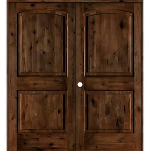 64 in. x 80 in. Rustic Knotty Alder 2-Panel Right Handed Provincial Stain Wood Double Prehung Interior Door w/Arch-Top