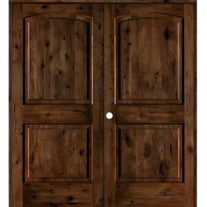 72 in. x 80 in. Rustic Knotty Alder 2-Panel Right Handed Provincial Stain Wood Double Prehung Interior Door w/Arch-Top