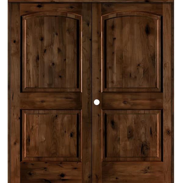 Krosswood Doors 72 in. x 80 in. Rustic Knotty Alder 2-Panel Right Handed Provincial Stain Wood Double Prehung Interior Door w/Arch-Top