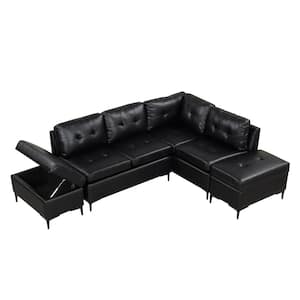 94.88 in. L Shaped Pu Leather Sectional Sofa in Black with Movable Storage Ottomans
