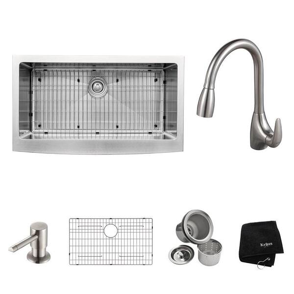 KRAUS All-in-One Farmhouse Apron Front Stainless Steel 36 in. Single Bowl Kitchen Sink with Faucet in Stainless Steel