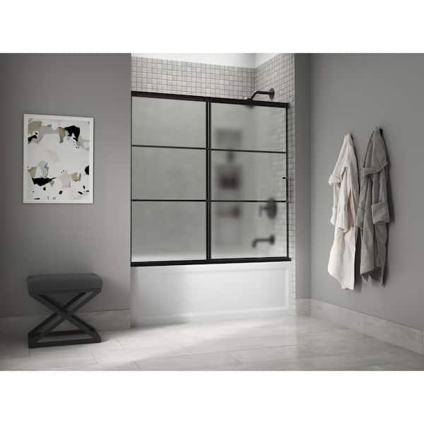 KOHLER Elate 56-60 in. W x 57 in. H Sliding Frameless Tub Door in Matte Black with Frosted Glass