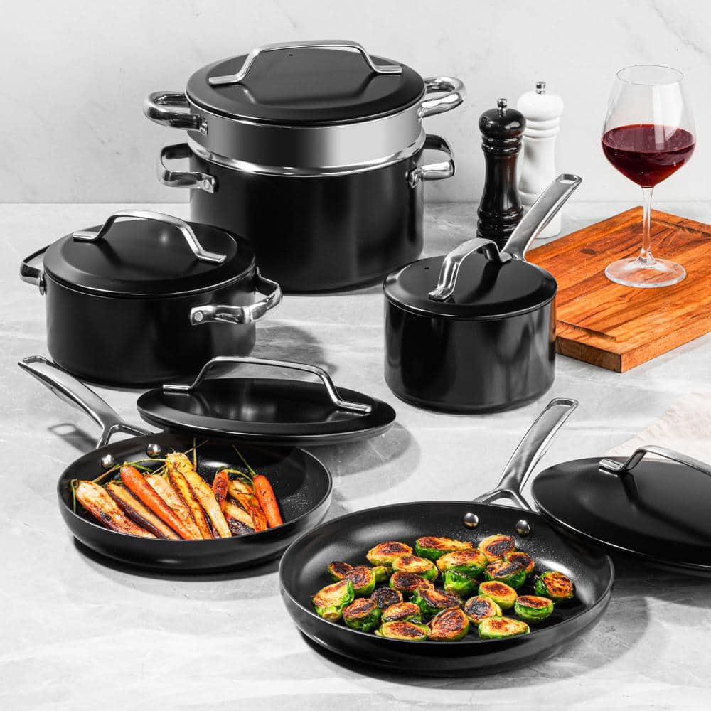 Modern Black 11-Piece Aluminum and Stainless Steel Nonstick Cookware Set