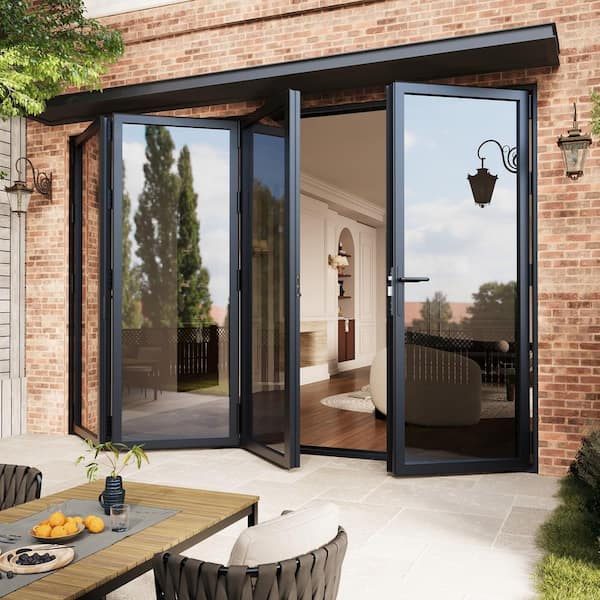 144 in. x 96 in. Left Swing Tempered Glass Black Aluminum Folding Patio Door with Door Stopper (3-Folding Plus 1-Swing)