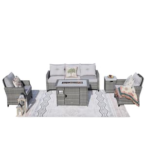 Titanium Gray 5-Piece Rattan Wicker Outdoor Conversation Patio Fire Pit Seating Sofa Set with Moonlight Gray Cushions