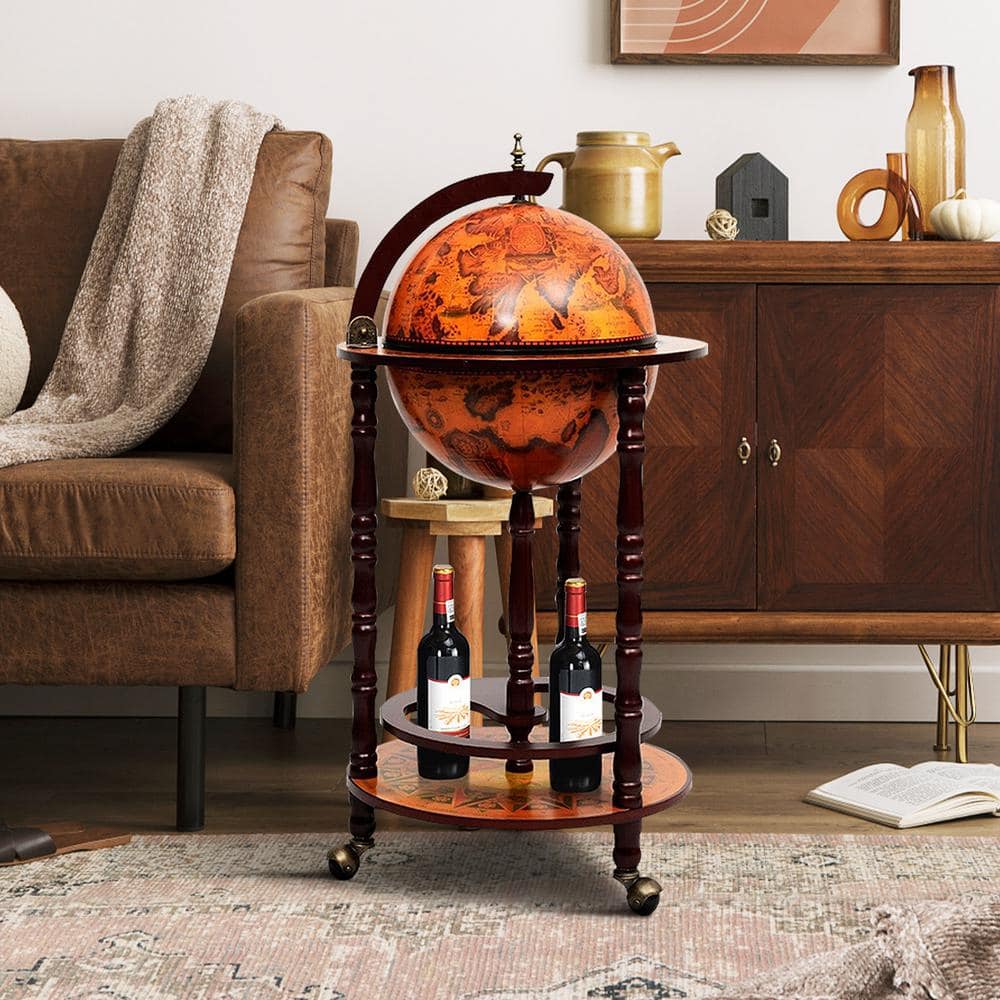 Old World Brown 9-Bottle Globe Wine Bar Stand with Wood Top