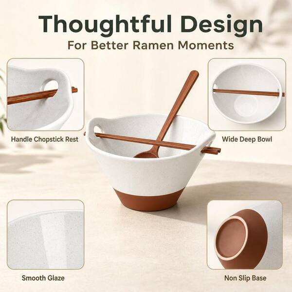 Numhew 42 fl. oz. White Ceramic Soup Bowl Set with Wooden Spoon