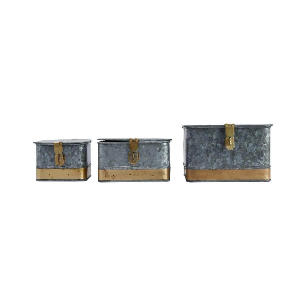 Rustic Galvanized Metal Lidded Storage Boxes with Brass Accents